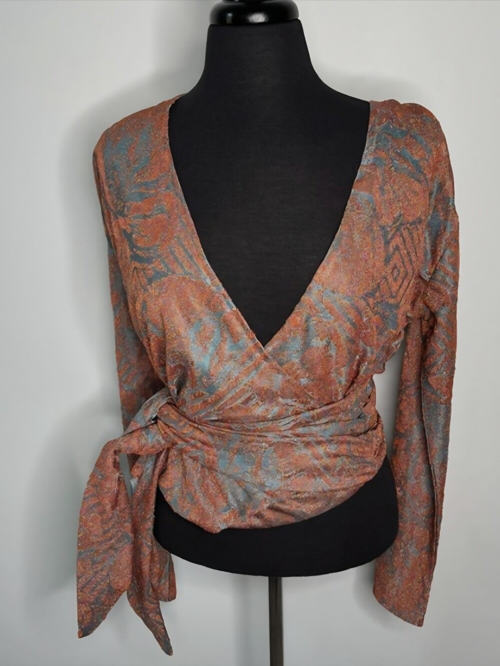 Womens Rust Blue Faux Wrap Blouse with Tie Waist